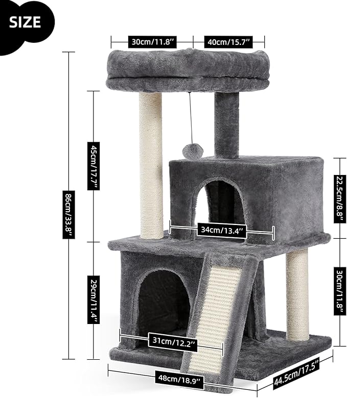 PAWZ Road 34 Inches Cat Tree Multilevel Cat Tower with Double Condos, Spacious Perch, Fully Wrapped Scratching Sisal Post and Replaceable Dangling Balls Gray