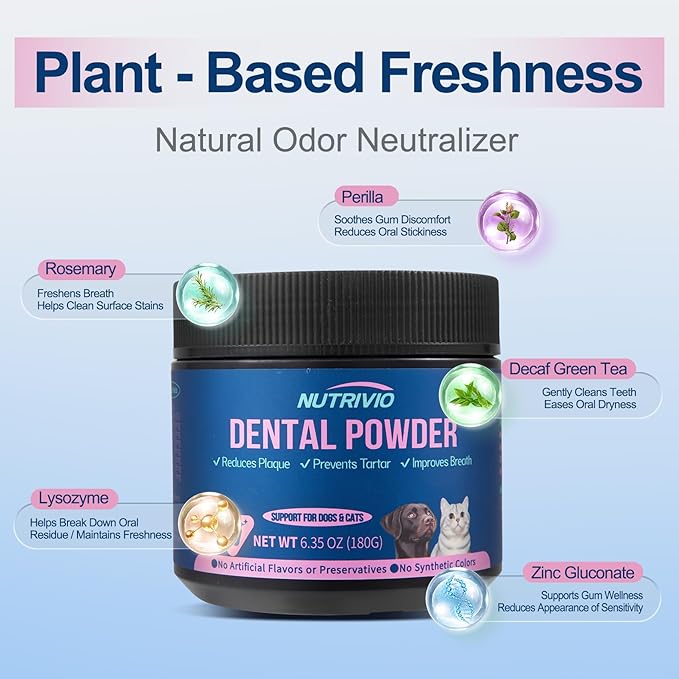 Dental Powder for Dogs & Cats - 5 Strains of Probiotics with 10B CFU, Natural Ingredients for Plaque & Tartar Control, Fresh Breath Oral Care,Safe for All Breeds & Ages Pets - 6.35oz(180g)