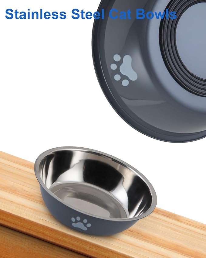6 PCS Stainless Steel Cat Bowls, Non-Slip Stainless Cat Food Bowl Metal Cats Dishes Whisker Fatigue Kitten Plates Shallow Wide Kitten Bowls, 5.5” Whisker Friendly Food Dish (Grey 6 PCS)