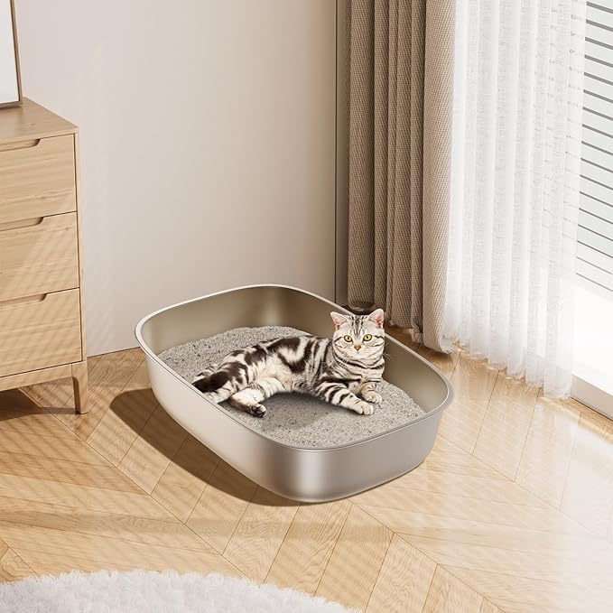 Stainless Steel Litter Box, 22.8“x16.5"x6" Oval Stainless Steel Cat Litter Box Extra Large, XL Metal Litterbox for Big Cats, Non Stick Surface, Easy to Clean