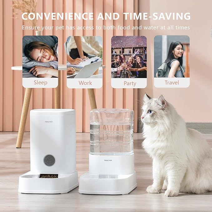 PAWGETHER® 2 Pack Gravity Cat Feeder and Water Dispenser 1 Gallon/3.5L Automatic Cat and Dog Feeder and Waterer with Pet Food Bowl for Puppy Kitten