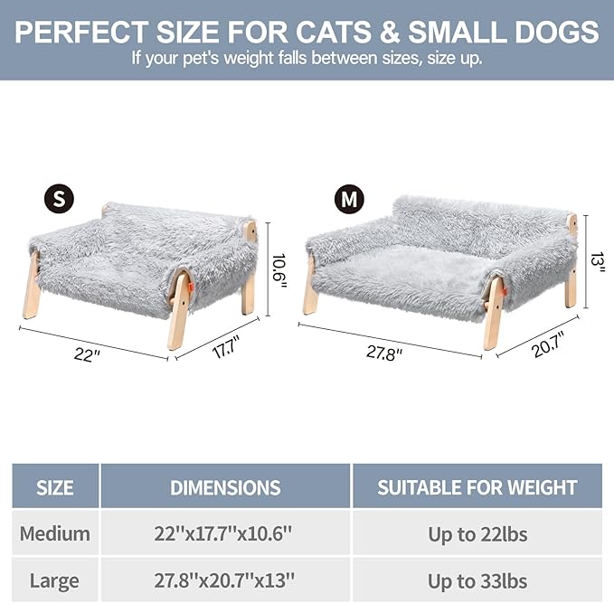 MEWOOFUN Cat Couch Bed, Pet Sofa for Indoor Cats Wooden Indoor Elevated Cat Beds with Removable Mattress Cover Suitable for Kitty, Puppy or Small Animal (Grey, Large)
