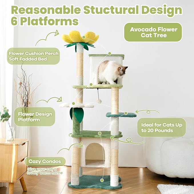 HYABi 64.5-Inch Cute Avocado Flower Large Tall Garden Cat Tree Tower Condo House Furniture Bed Plush Ball Activity Platform Multi-Level with Scratching Posts for Indoor Cats Play