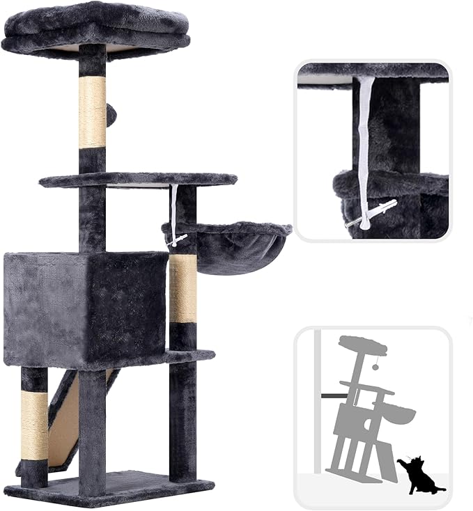 Hey-brother Cat Tree, 42.5-Inches Cat Tower for Indoor Cats, Plush Multi-Level Kitten Cat Condo with Scratching Post, Ramp, Basket, Spacious Cat Cave, Hanging Ball, Smoky Gray MPJ007SG