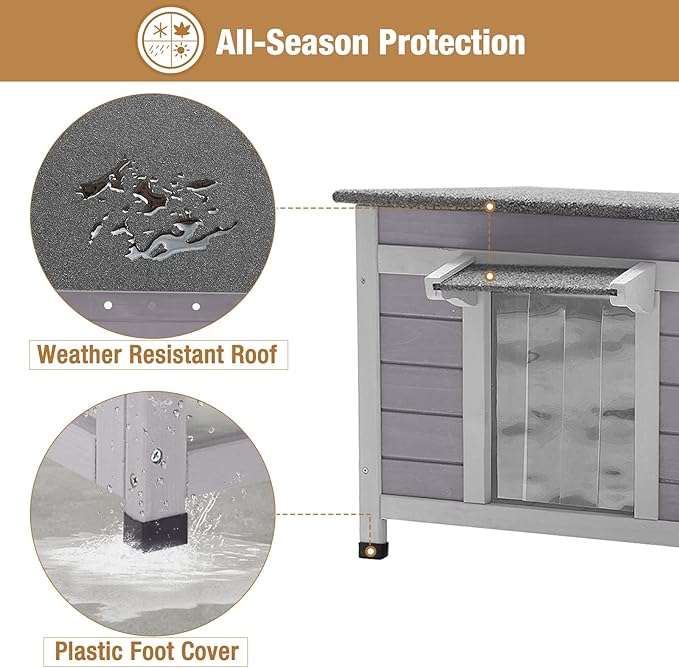 GUTINNEEN Outdoor Cat House Insulated Cat House Weatherproof Feral Cat Shelter with Hinged Asphalt Roof & Covered Opening, PVC Door Curtain, Raised Floor for Cats