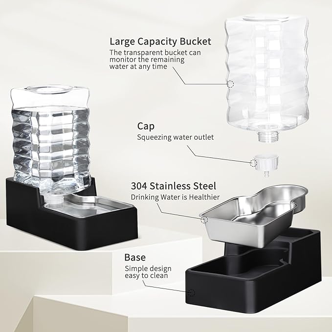 RIZZARI Stainless Steel Pet Water Feeder: 7L Automatic Leak-Proof Gravity Dispenser for Cats Dogs Indoor Outdoor Use（Black Without Filter,7L）