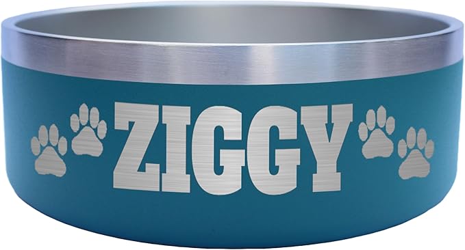 Custom Dog Bowl with Paws and Name - Engraved, Nonslip, Personalized, Custom Cat Bowl, 304 Stainless Steel, Feeding, Pet Supplies (Teal, Medium -32oz)