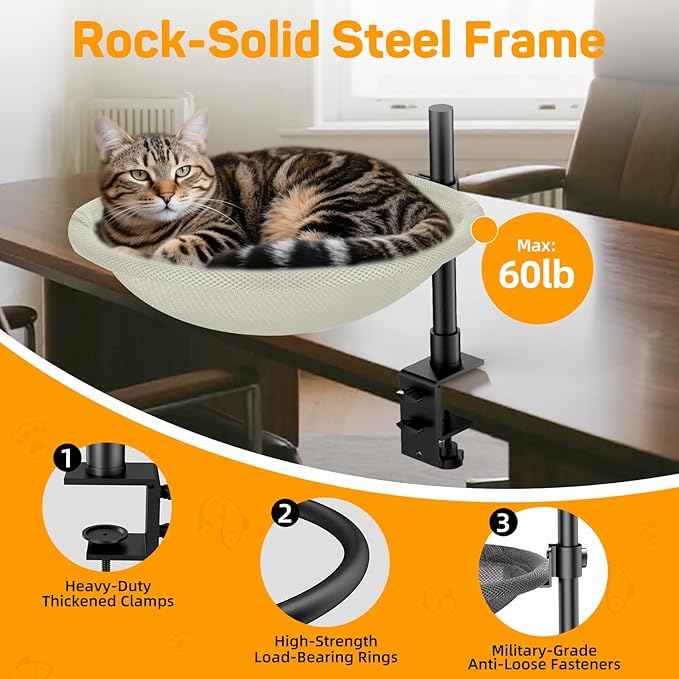 Cat Desk Bed & Perch - Breathable Soft Mesh Cat Hammock Nest for Home Office Desk, 360° Flexible Adjustable, Holds Up to 61 lbs for Gaming/Study Table (Beige)