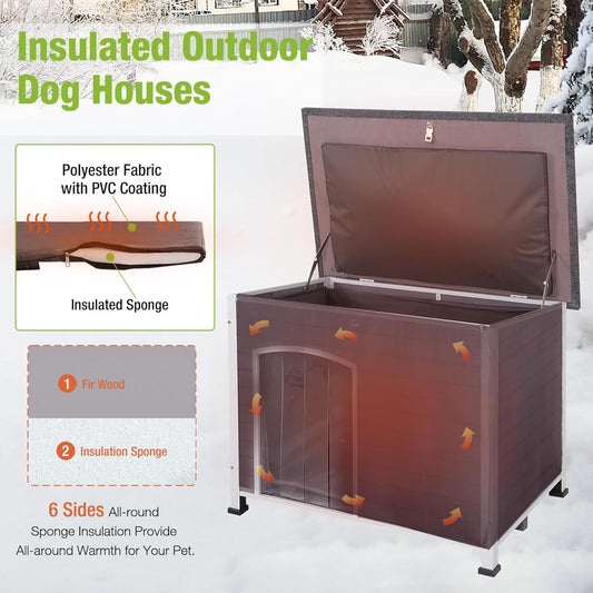 GUTINNEEN Dog House Insulated Outdoor Dog Kennel with Liner for Winter Large(Grey and White)