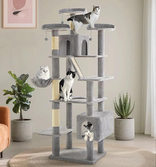 Made4Pets Tall Cat Tree, 80" Cat Tree Tower for Indoor Cats Large Adult, Modern Cat Tower with Scratching Post, Cozy Hammock, 3 Perches and 2 Condos, Sturdy and Fluffy, Light Gray