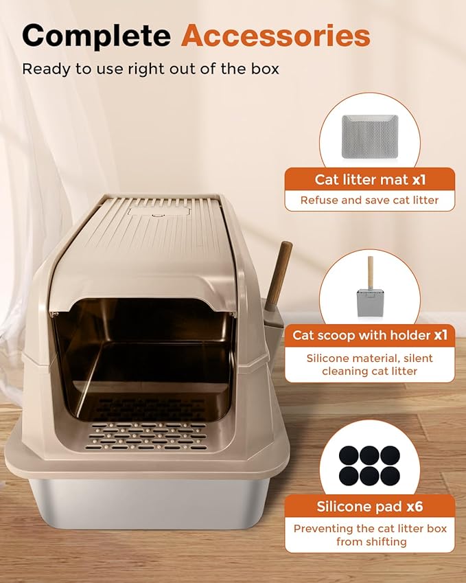 Stainless Steel Litter Box with Lid - Extra Large Cat Litter Boxes for Big Cats with Mat & Scoop - Anti-Leakage, Odor-Proof, High-Sided, Non-Stick＆ Easy to Clean - Ideal for Multi-Cat Homes - Khaki
