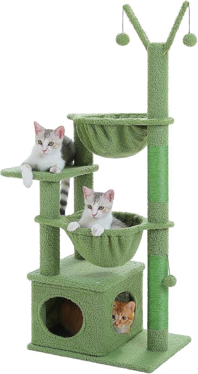 Cactus Cat Tree, 47.6" Cat Tower with 2 Metal Frame Hammock, Cat Scratching Post for Indoor Cats with 2 Removable Pompom Sticks for Kittens, Green