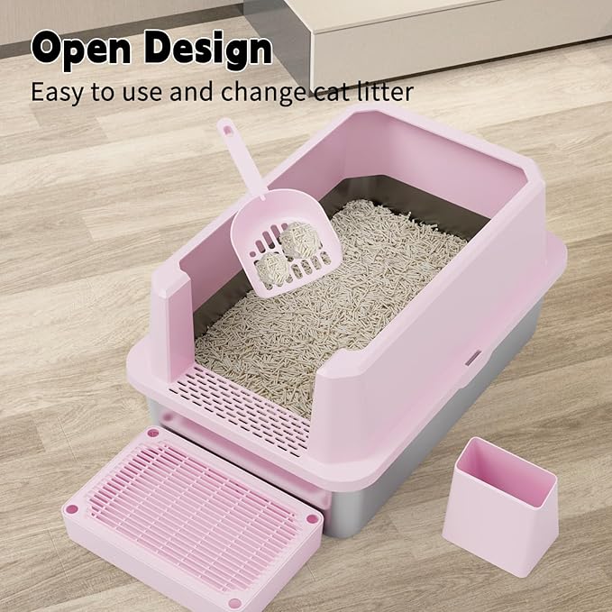 RIZZARI Stainless Steel Cat Litter Box, Semi-Closed Litter Box with High Edges, Large Odorless Litter Pan with for Small to Large Cats (Pink, 1 Pack)