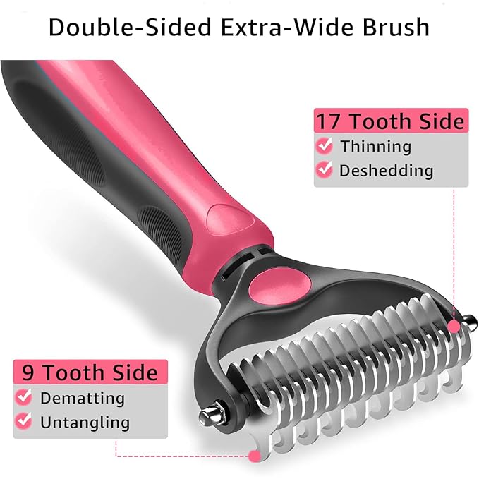 YINGFAN Pet Grooming Combo, Double-Sided Dematting Deshedding Undercoat Rake for Dogs and Cats, Dog Brush with Metal Comb for Detangling (Pink)