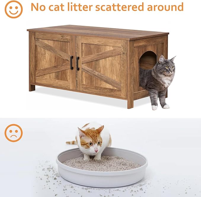 Homhedy 39.4" L Cat Litter Box Enclosure, Pet House with Barn Door,Wooden Cat Washroom Furniture,Fit Most of Litter Box, Rustic Walnut