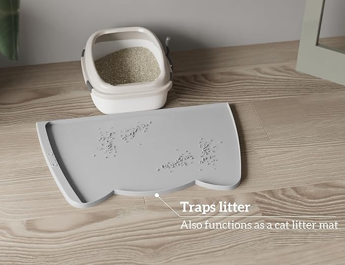 OHMO Dog Food Mat(Ash, 24 * 15'') w/Residue Collection Pocket Silicone Pet Feeding Mat for Floor High Edges Anti Spills Waterproof Cat Water Bowl Tray, Easy Clean Placemat