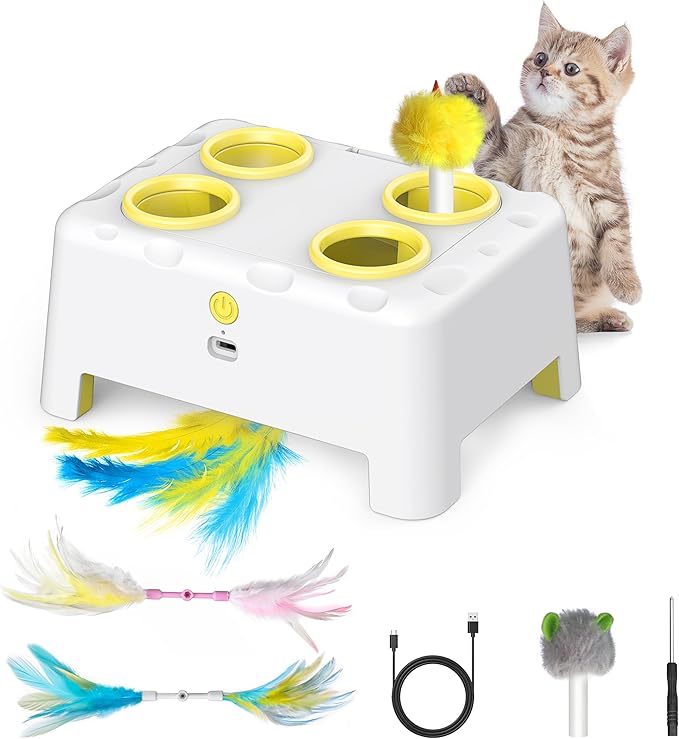 Cat Toys, Interactive Cat Toys, 2-in-1 Moving Concealed Feathers, 4 Holes Mice Whack A Mole Cat Kitten Toy Exercise Toys for Indoor Bored Adult Cats, USB Rechargeable Electronic Kitten Toys (White)