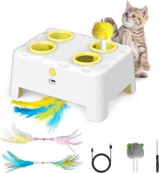 Cat Toys, Interactive Cat Toys, 2-in-1 Moving Concealed Feathers, 4 Holes Mice Whack A Mole Cat Kitten Toy Exercise Toys for Indoor Bored Adult Cats, USB Rechargeable Electronic Kitten Toys (White)
