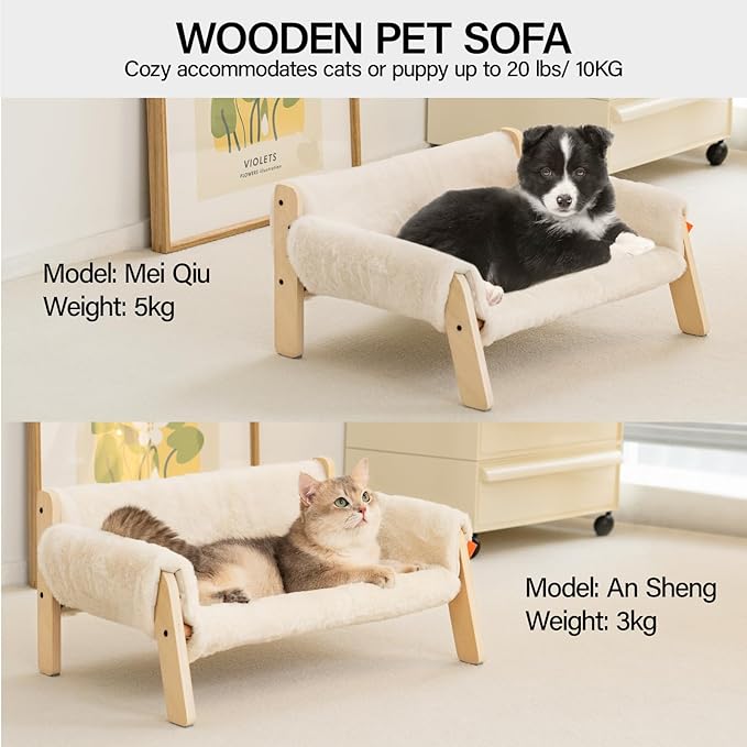 MEWOOFUN Cat Couch Bed, Pet Sofa for Indoor Cats Wooden Indoor Elevated Cat Beds with Removable Mattress Cover Suitable for Kitty, Puppy or Small Animal (White, Medium)