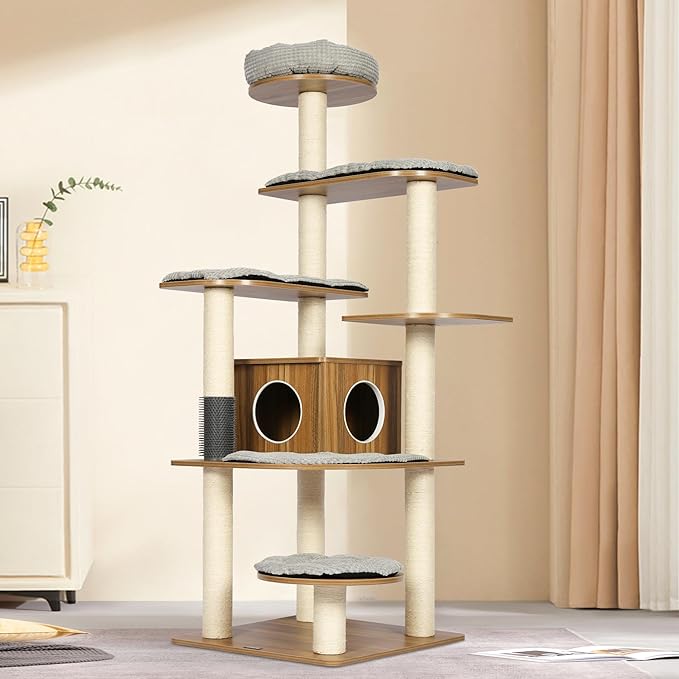 KAMABOKO Tall Wood Cat Tree, 69” Large Cat Tower Multi-Level Platforms with Sisal Scratching Posts, Cat Tree for Large Cats 20 lbs Heavy Duty, Cat Condo Furniture for Active Cats