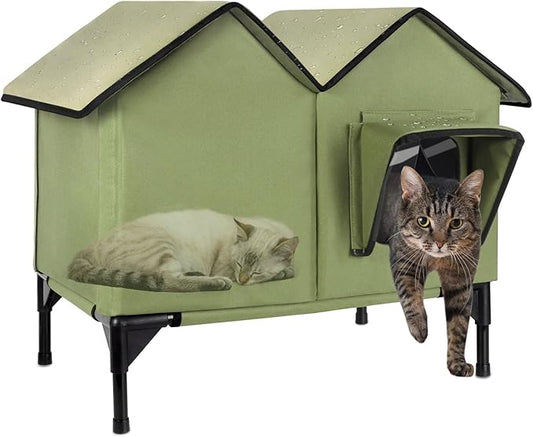 Outdoor Cat House Weatherproof, Insulated Cat Houses for Outdoor Cats, Large Outside Cat House, Waterproof Feral Cat Shelter with Escape Doors & Elevated Base, Easy Assembly