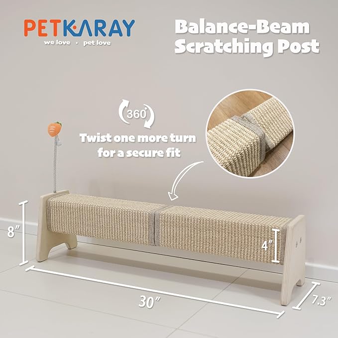 PETKARAY Horizontal Scratching Post, 30" Sisal Cat Scratch Pad, Large Cat Scratcher with Spring Toy, Protect Furniture for Indoor Kitten