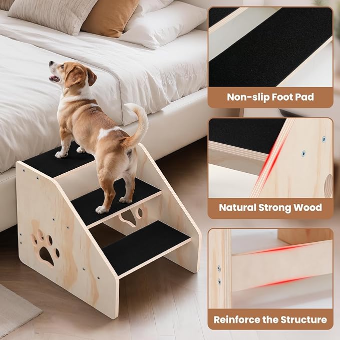Dog Stairs, Wooden 3-Step Dog Ramp for Small Medium Large Older Cat, Puppy Essentials Pet Step Ladder for High Bed Couch Car