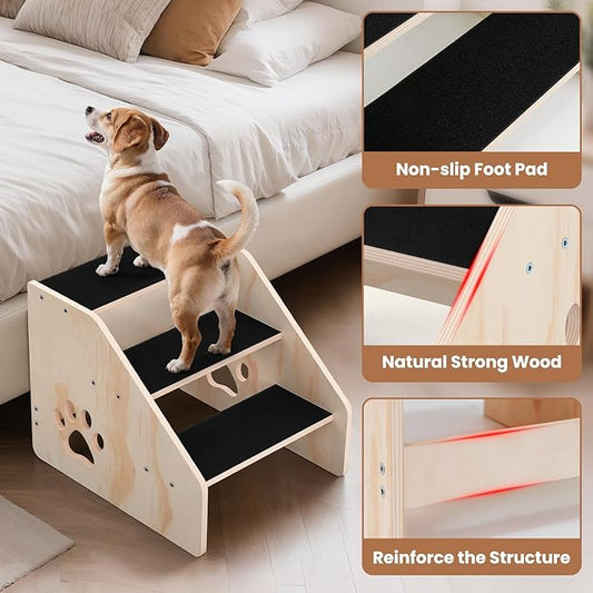 Dog Stairs, Wooden 3-Step Dog Ramp for Small Medium Large Older Cat, Puppy Essentials Pet Step Ladder for High Bed Couch Car