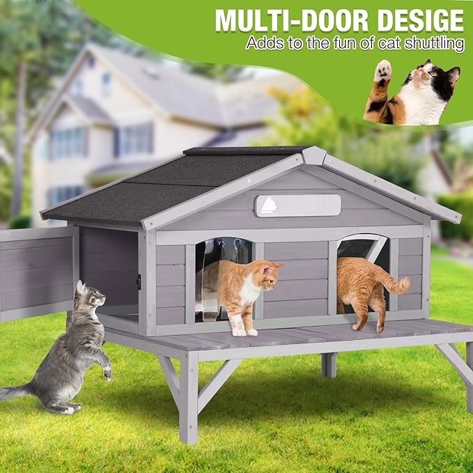 GUTINNEEN Outdoor Cat House Weatherproof Large Cat Shelter with 100% Insulated Liner for Multiple Cats, Cat Condos for Indoor Cats