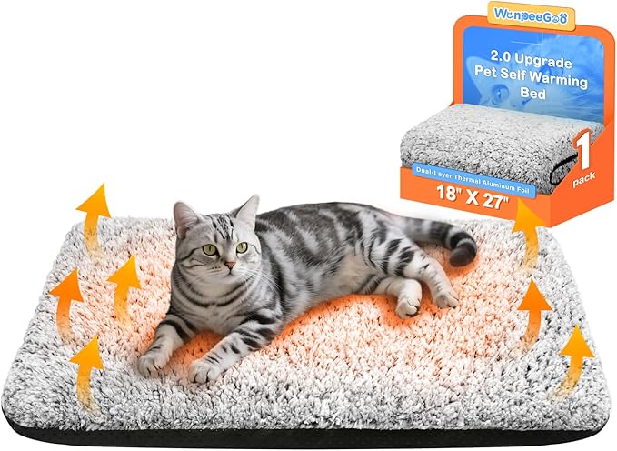 Self Warming Pet Bed for Cats & Dogs, Heated Pet Mat, 2.0 Upgraded Dual-Layer Thermal Foil Heating Pad, Plush Self-Heating Bed for Crate, Floor, with Removable Washable Cover, Non-Slip, Gray, 18"x27"