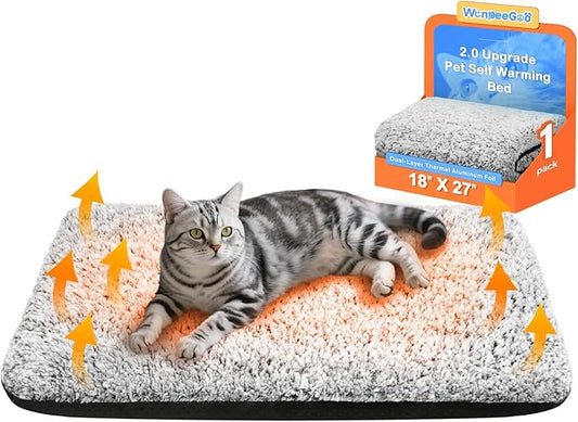 Self Warming Pet Bed for Cats & Dogs, Heated Pet Mat, 2.0 Upgraded Dual-Layer Thermal Foil Heating Pad, Plush Self-Heating Bed for Crate, Floor, with Removable Washable Cover, Non-Slip, Gray, 18"x27"