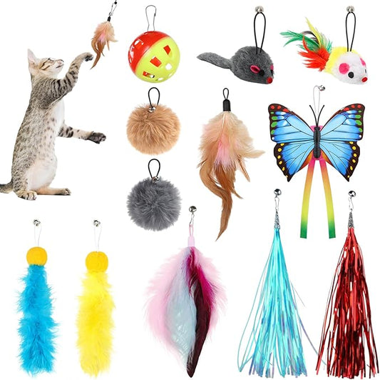 Cat Toys Replacement Cat Toy Wand Refills, 12 Pcs Cat Feathers Refill, Cat Toy Mouse Cat Wand Refill Attachments for Indoor Cats