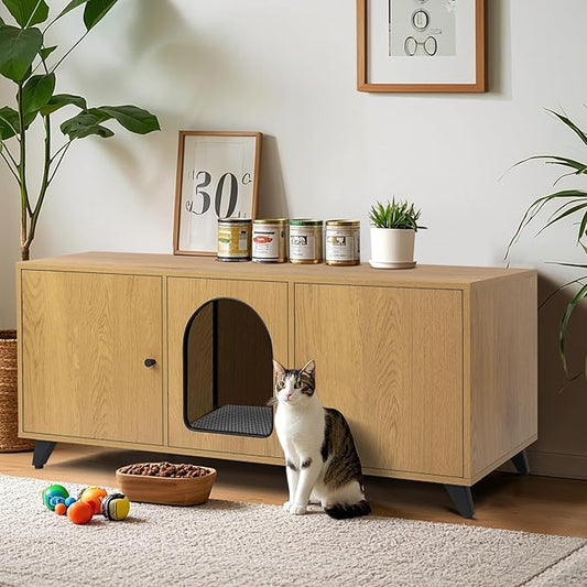 Cat Litter Box Enclosure for 2 Cats, Modern Hidden Litter Box Furniture with Double Room, Large Cat House Washroom Cabinet with Scratch Pad, 46.5" x 19.7" x 19.7" (Natural Oak)
