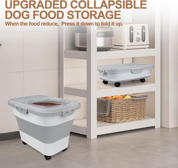 Dog Food Storage Container, 10-20lbs Collapsible Dog Cat Food Containers with Airtight Clear Flip-top，Rolling Wheel and Pet Food Scoop, Pet Food Storage Container Bin for Dog Cat Bird Pets