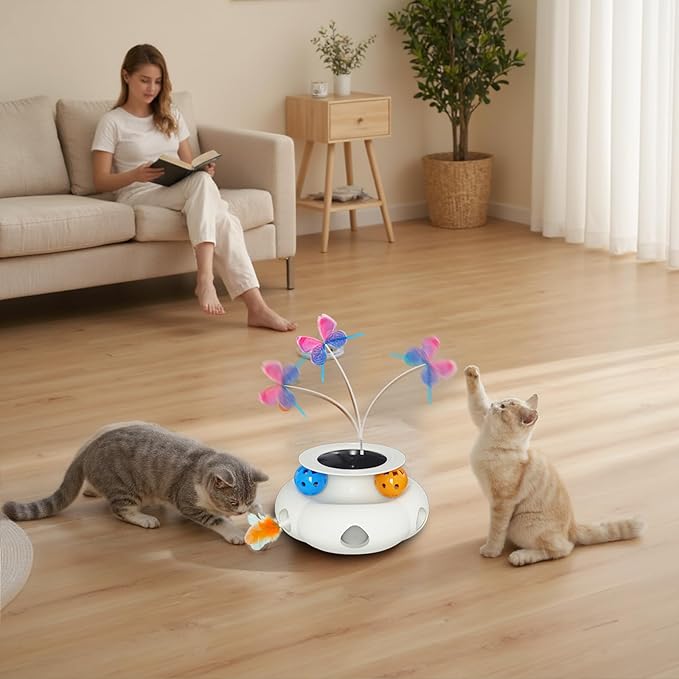 Interactive Cat Toys for Indoor Cats, 3in1 Rechargeable Pet Teaser Toy with Ambush Feather Wand, Fluttering Butterfly and Track Balls, Touch Activated Automatic Kitten Toys with Remote Control