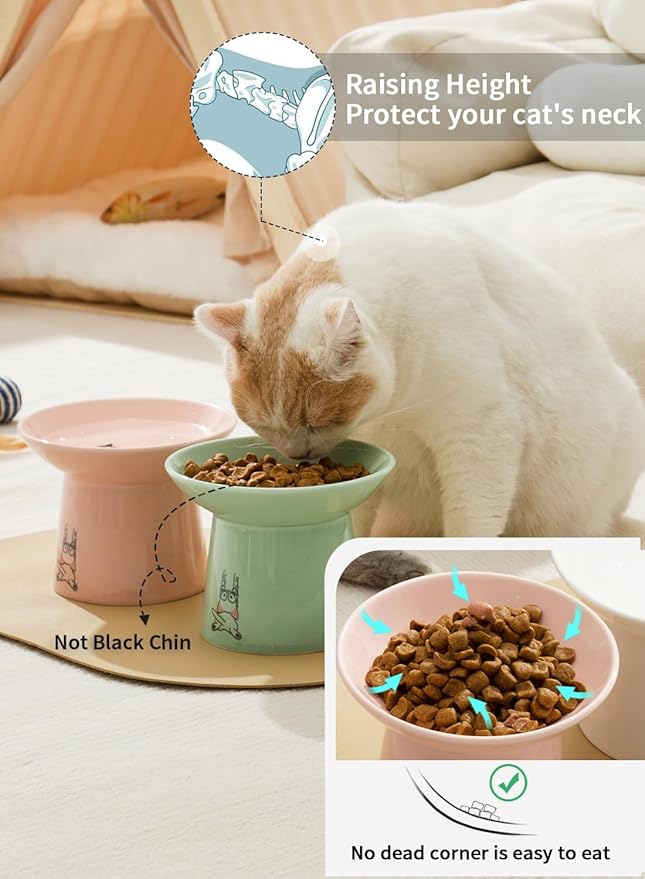 Extra Wide Elevated Ceramic Cat Bowls, 6.5 Inch Raised Pet Bowl Set for Food & Water, Whisker Fatigue Shallow Food Dish for Elder Big Cats Small Dogs, Set of 2, Green & Pink