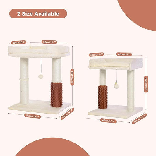 Cat Tree Tower for Large Cats Cat Scratching Post with Cat Self Groomer, 20x15.7” Wide Top Bed, Thick Scratch Post [Dia=4.5”] and Danging Ball Great for Indoor Cats-Large Beige