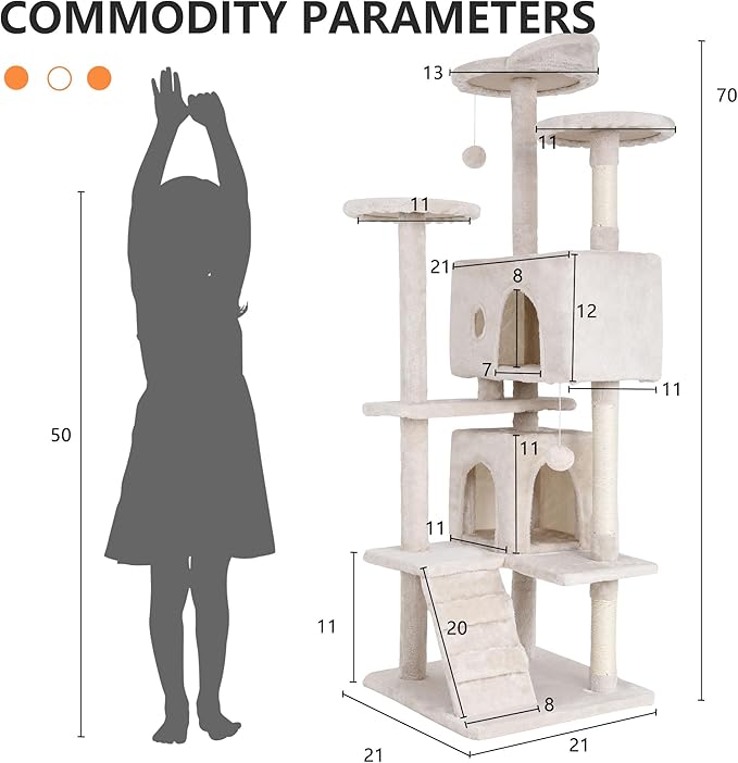BestPet | 70" Cat Tree Tower | Beige | Sturdy, Easy to Assemble, Multi-Level Activity Center with Sisal Scratching Posts, Condos, Perches, Hanging Cat Toys, Observation Decks & Ladder