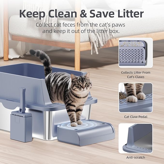 Enclosed Stainless Steel Cat Litter Box with Lid Extra Large Litter Box for Big Cats XL Metal Litter Pan Tray with High Wall Sides Enclosure, Non-Sticky, Anti-Leakage, Easy Cleaning (8 in Dark Grey)