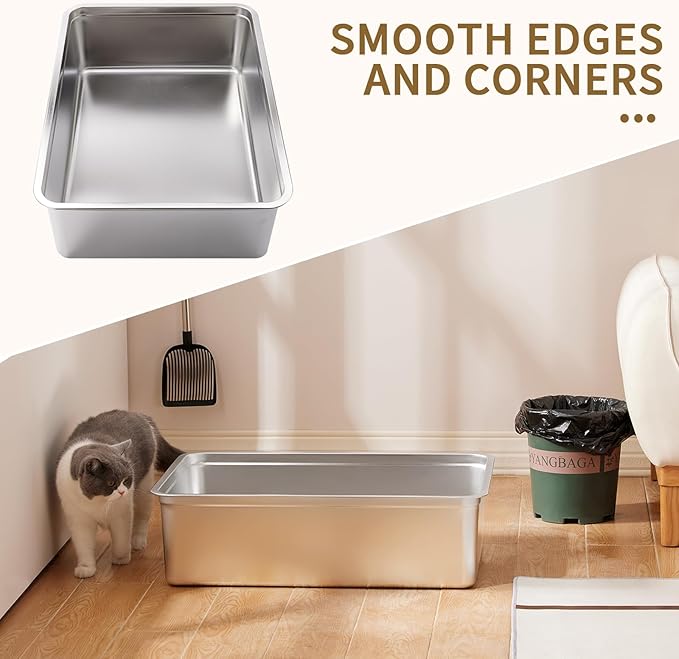 Yangbaga Extra Large Stainless Steel Litter Box, 28’’ x 20’’ x 6’’ Ultimate Metal Cat Litter Box with High Sides, Sturdy Long-Lasting Litter Pan with Anti-Slip Rubber Feet