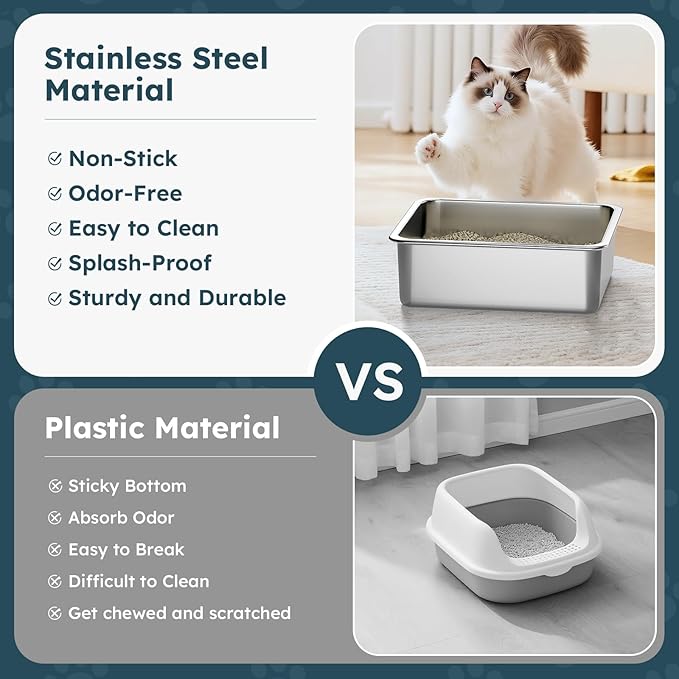 2 Pack Stainless Steel Cat Litter Box - Metal High-Sided Litter Pan for Cats, Rabbits, and Pets, Non-Stick, Odor-Free, Easy to Clean, Splash-Proof, Sturdy and Durable Indoor Cat Toilet Supplies