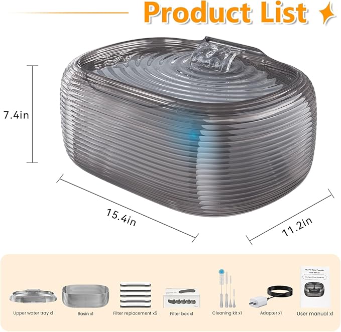 JMICOW 10L/2.6Gal/338oz Dog Water Fountain for Large Dogs, Dog Fountain Water Bowl, Pet Water Fountain with 5 Replacement Filters and 4 Cleaning Brushes (Black)