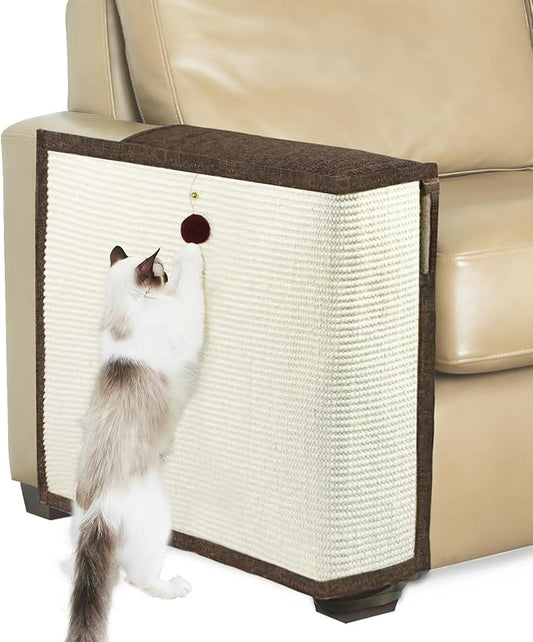 Upgraded Cat Scratch Furniture Protector,Cat Scratch Sofa Arm Sheild with 27.6’‘L*19.6’‘W Natural Sisal and Scratch Ball for Protecting Couch Sofa Chair Furniture (Brown/Right Handed)