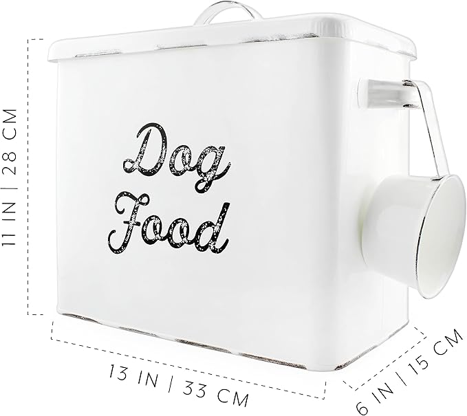 AuldHome Rustic Dog Food Canister; White Farmhouse Style Storage Bin for Small Dogs