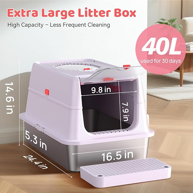 Stainless Steel Cat Litter Box with Lid, 180° Flip Top Kitty Litterbox, XL High Sided Enclosure Litter Pan for Big Cats, Front & Top Entry, Anti-Leakage, Odor-Free, Easy Clean, Includes Scoop Mat