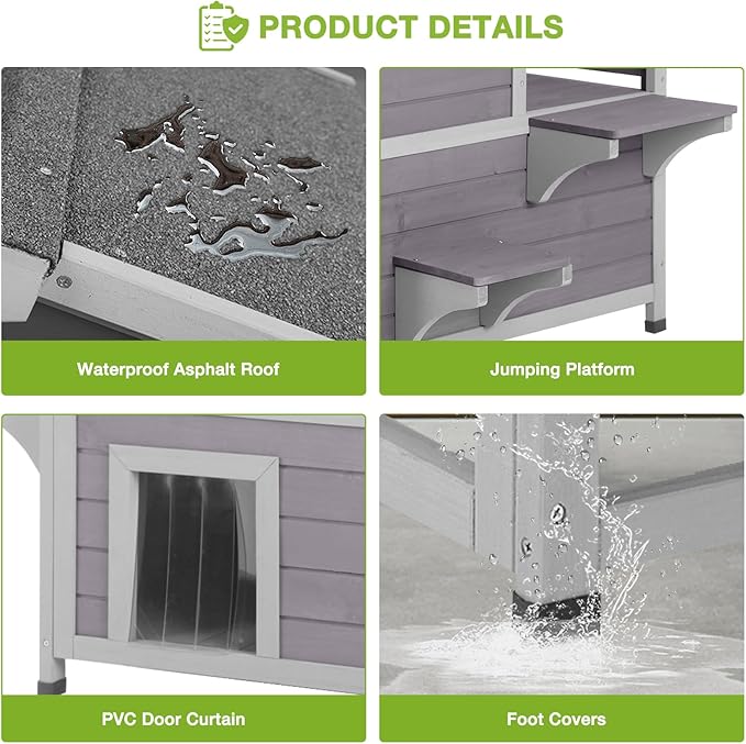 GUTINNEEN Cat House Outdoor Indoor, 2 Story Feral Cat Shelter with Escape Door, Wooden Stray Cat Home with Large Balcony, Weatherproof