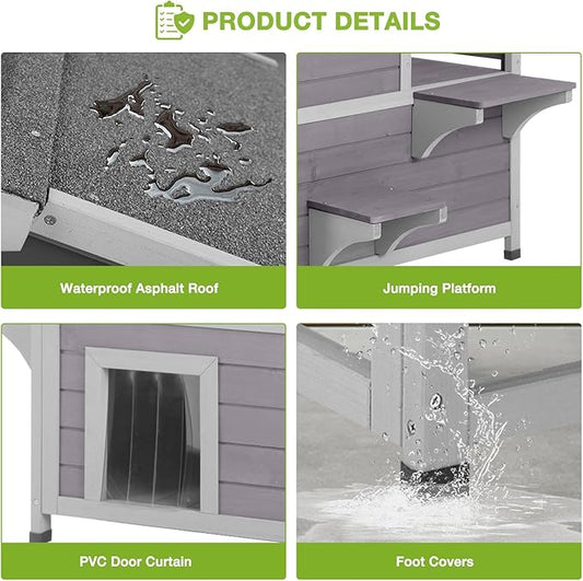 GUTINNEEN Cat House Outdoor Indoor, 2 Story Feral Cat Shelter with Escape Door, Wooden Stray Cat Home with Large Balcony, Weatherproof