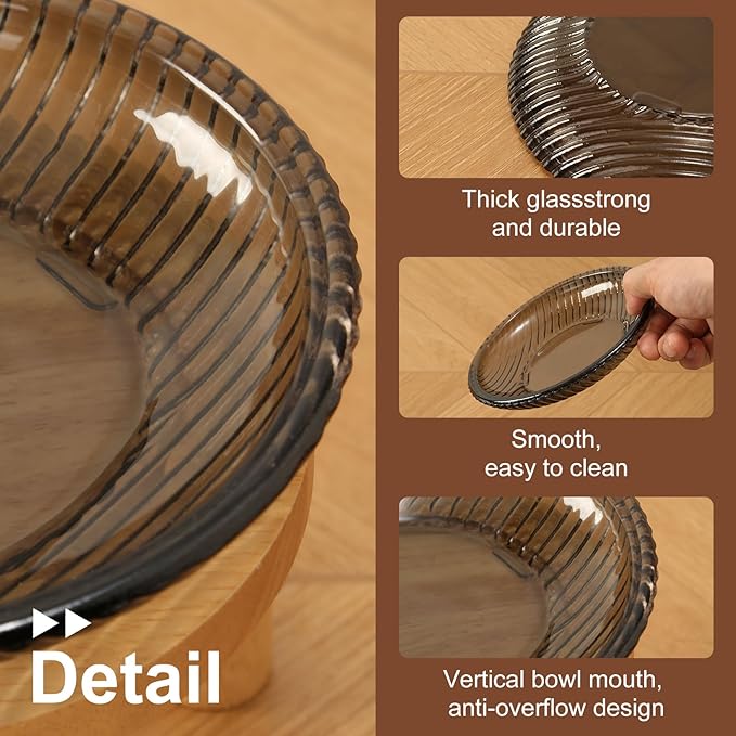 Cat Bowls Whisker Friendly with Wooden Stands. Raised Elevated Glass Whisker Fatigue Cat Bowl for Indoor Cats. 2PCS (Black)
