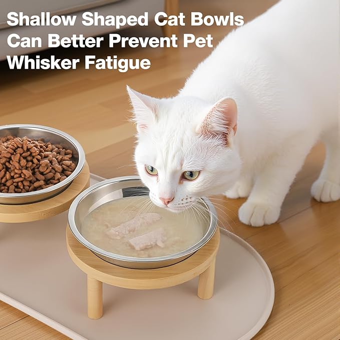 Elevated Cat Bowls with Food Mat,6.3 Inches Shallow Raised Bowls Whisker Friendly,2 Stainless Steel Cat Food and Water Dishes for Cats and Puppies,Dishwasher Safe