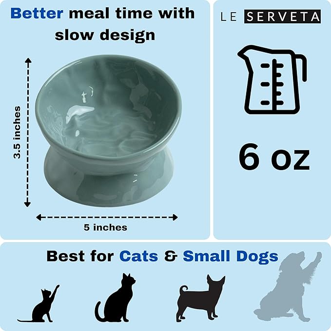 Ceramic Raised Cat Bowl, Elevated Pet Food Bowl for Small Dog, Cute Cat Dish Tilted, Whisker Fatigue, Wrinkle Texture,Teal, Blue (Tilted)